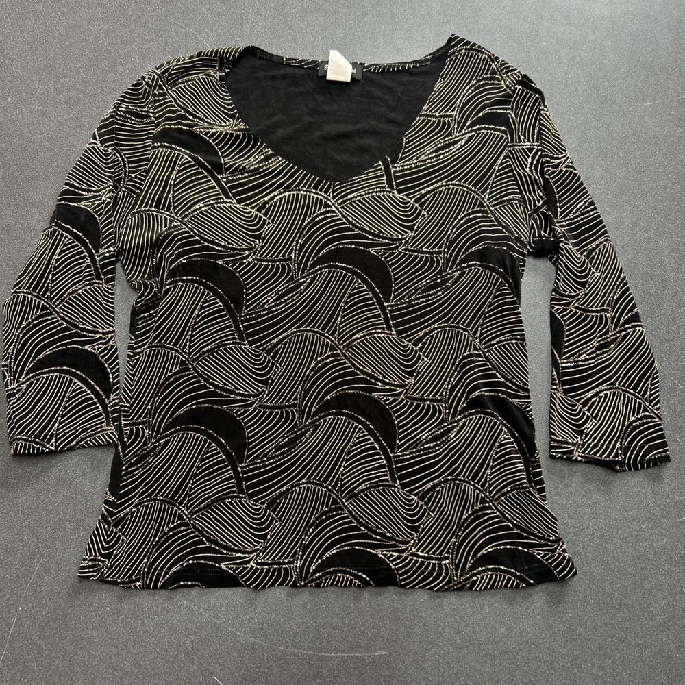Brittany Black Women Blouse Size M Black Glittery 3/4 Sleeve Y2K 90s Romantic